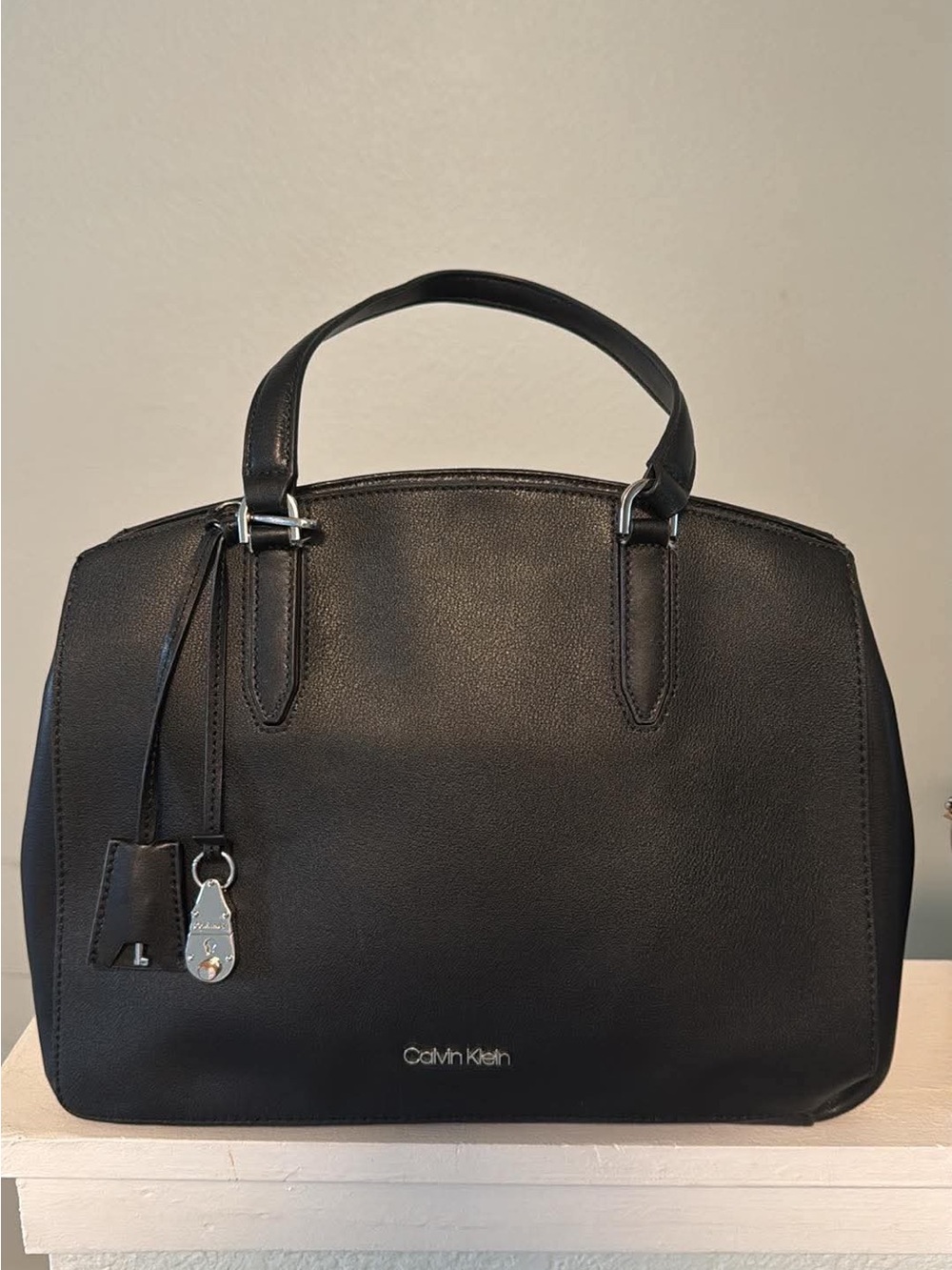Calvin Klein Black and Silver Structured Shoulder Bag